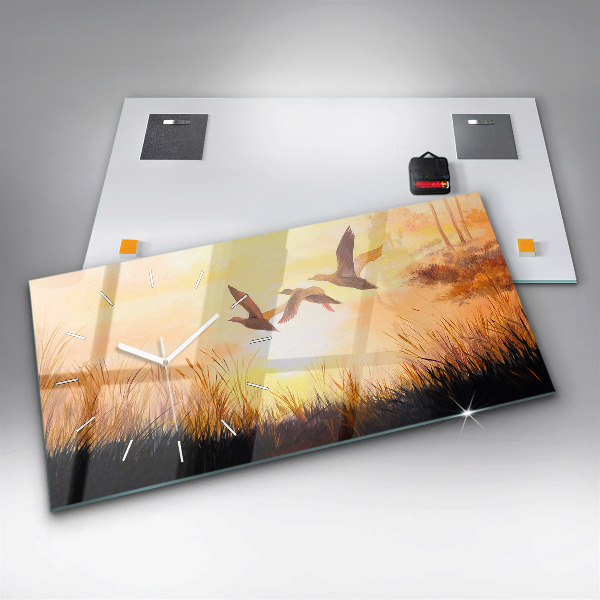 Horizontální skleněné hodiny na stěnu Jeřábi při západu slunce