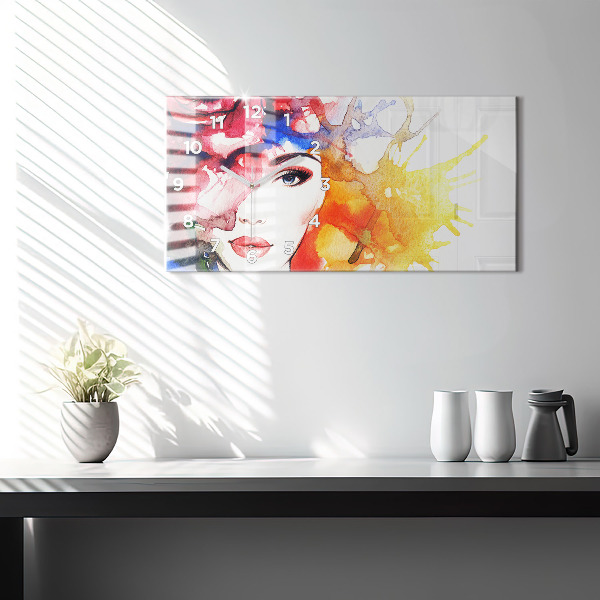 Horizontální skleněné hodiny na stěnu Barevný portrét ženy