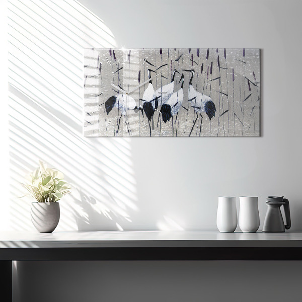 Horizontální skleněné hodiny na stěnu Jeřábi v rákosí