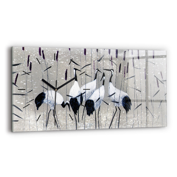 Horizontální skleněné hodiny na stěnu Jeřábi v rákosí