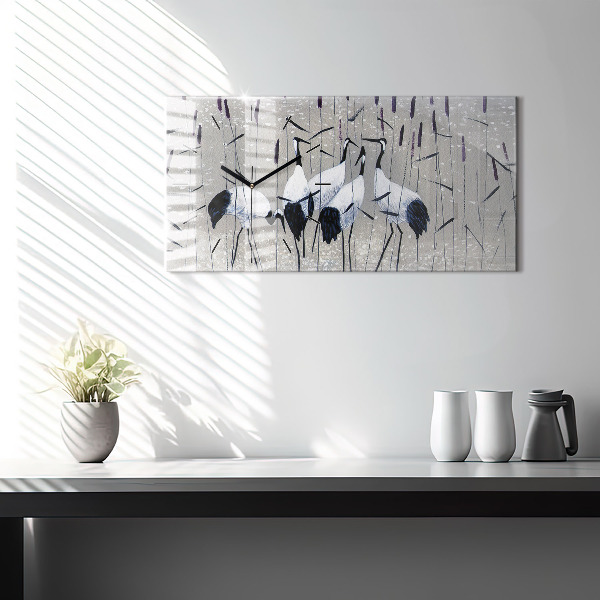 Horizontální skleněné hodiny na stěnu Jeřábi v rákosí