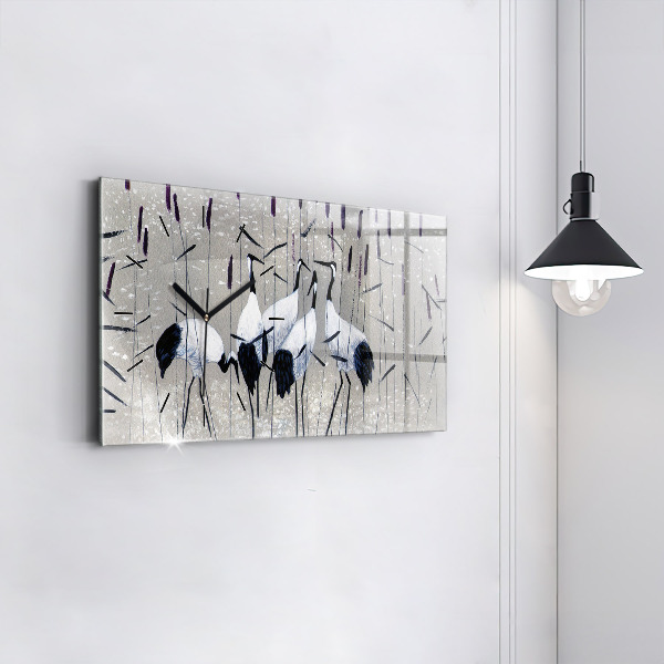 Horizontální skleněné hodiny na stěnu Jeřábi v rákosí