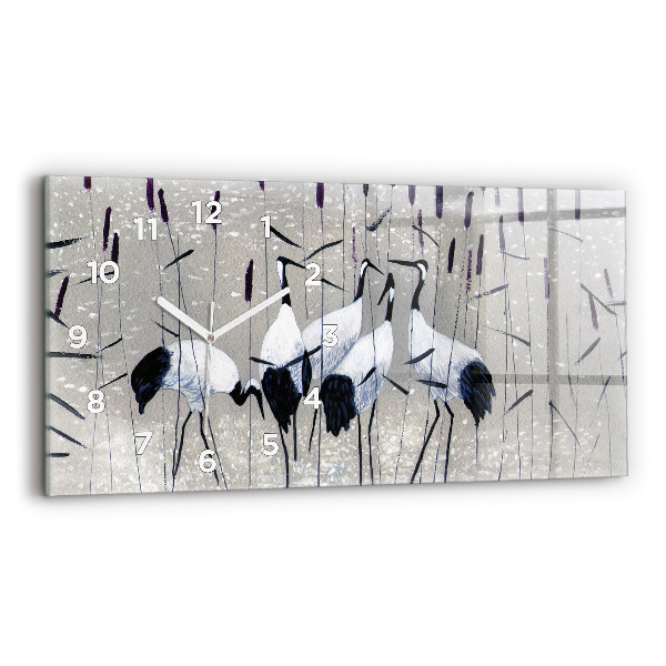 Horizontální skleněné hodiny na stěnu Jeřábi v rákosí