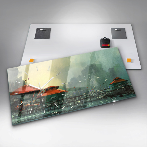 Horizontální skleněné hodiny na stěnu Rybářská vesnice