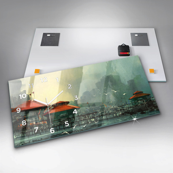 Horizontální skleněné hodiny na stěnu Rybářská vesnice