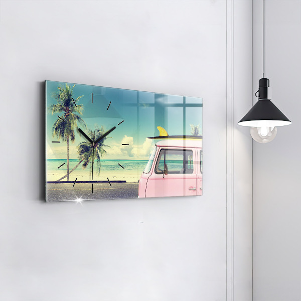 Horizontální skleněné hodiny na stěnu Auto se surfovacím prknem