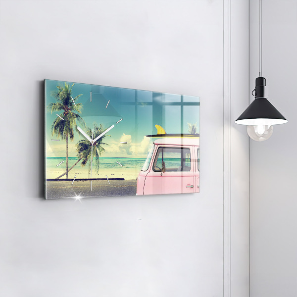 Horizontální skleněné hodiny na stěnu Auto se surfovacím prknem