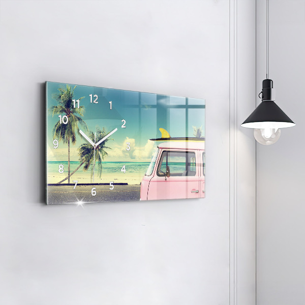 Horizontální skleněné hodiny na stěnu Auto se surfovacím prknem