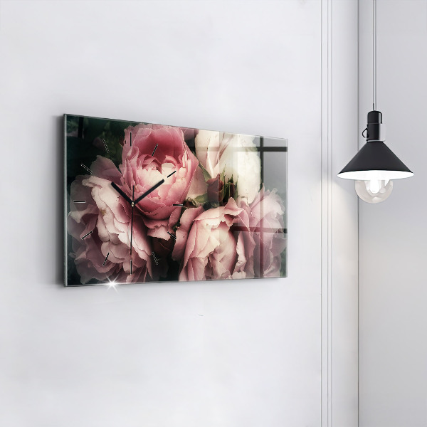Horizontální skleněné hodiny na stěnu Kytice růžových růží