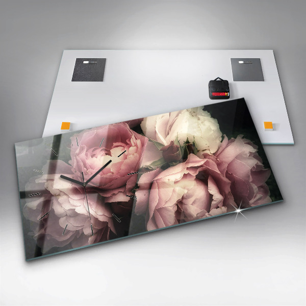 Horizontální skleněné hodiny na stěnu Kytice růžových růží