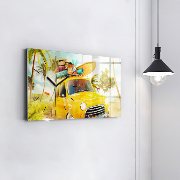 Horizontální skleněné hodiny na stěnu Auto se surfovacím prknem