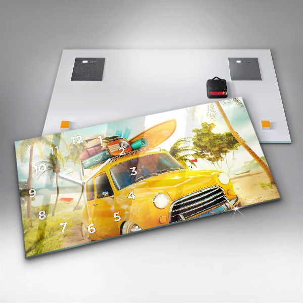 Horizontální skleněné hodiny na stěnu Auto se surfovacím prknem