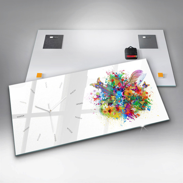 Horizontální skleněné hodiny na stěnu Květinová harmonie s motýly