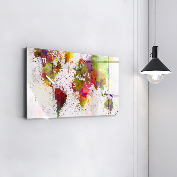 Horizontální skleněné hodiny na stěnu Akvarelová mapa světa