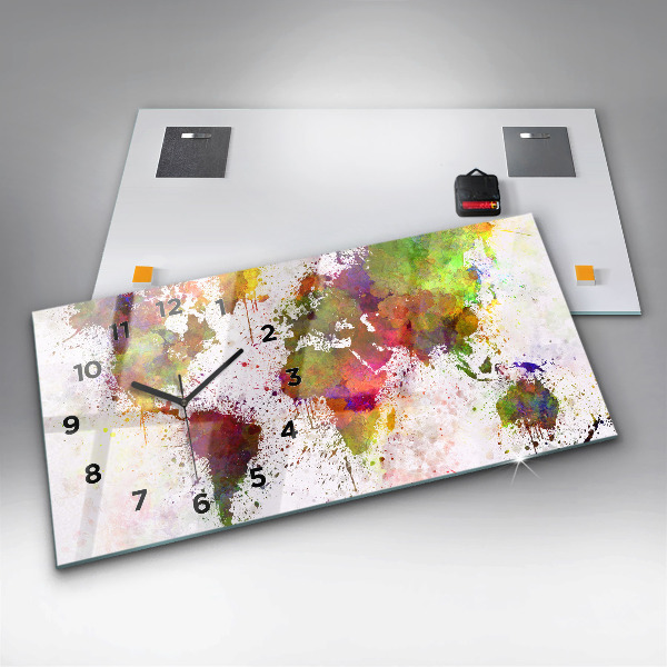 Horizontální skleněné hodiny na stěnu Akvarelová mapa světa