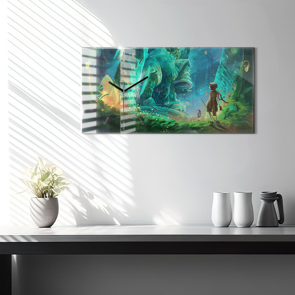 Horizontální skleněné hodiny na stěnu Děti v pohádkovém lese