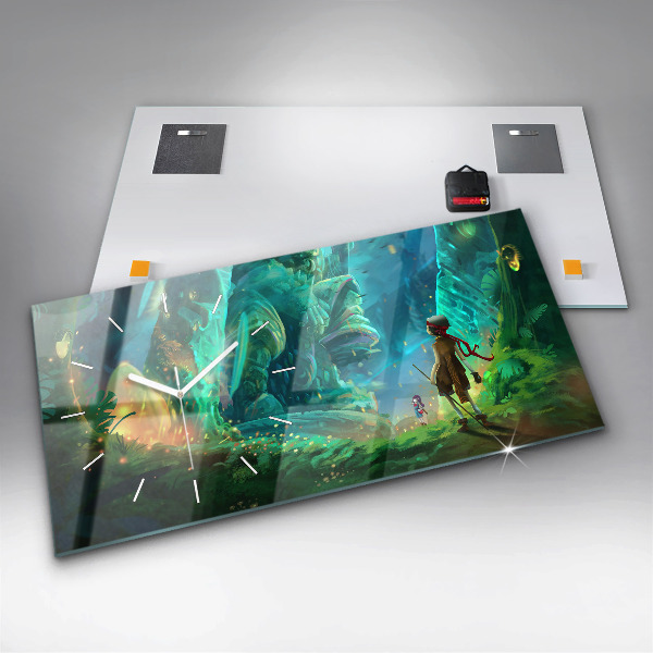 Horizontální skleněné hodiny na stěnu Děti v pohádkovém lese