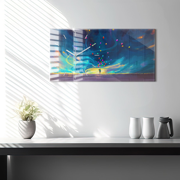 Horizontální skleněné hodiny na stěnu Dítě a balónky