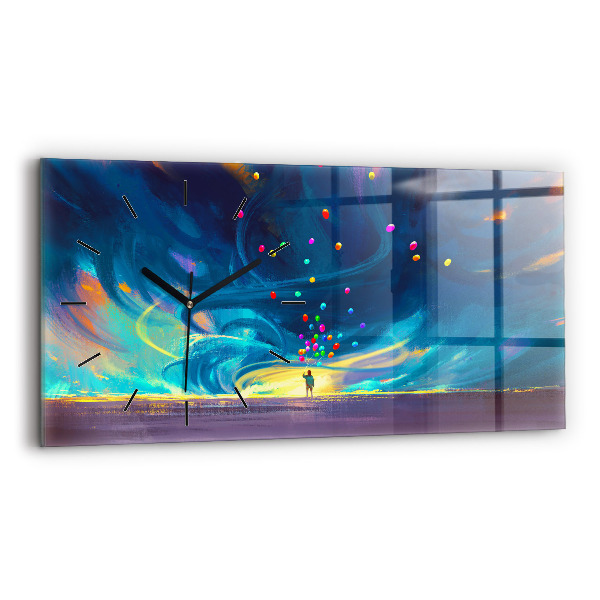 Horizontální skleněné hodiny na stěnu Dítě a balónky