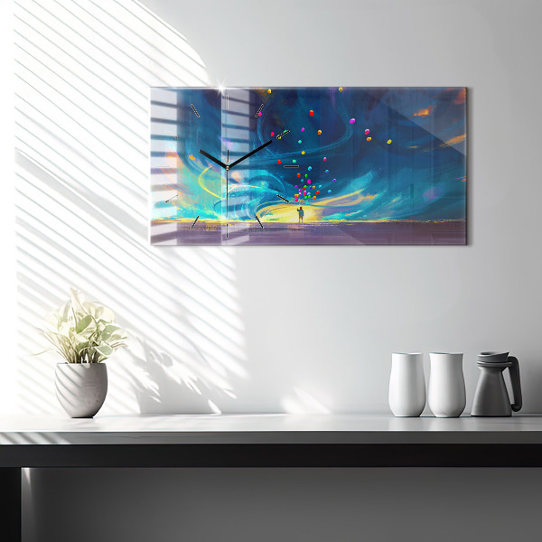 Horizontální skleněné hodiny na stěnu Dítě a balónky