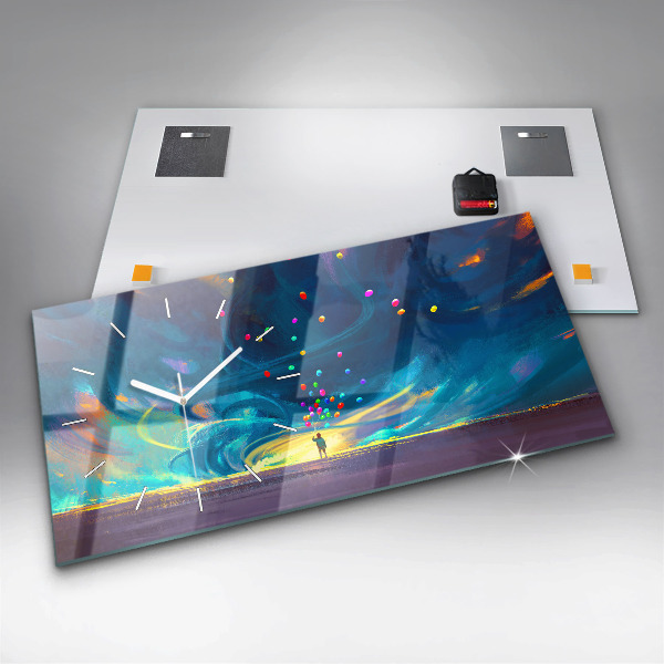 Horizontální skleněné hodiny na stěnu Dítě a balónky