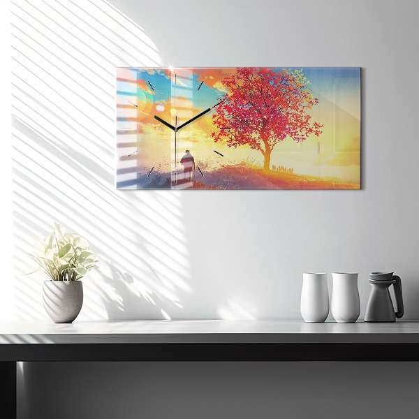 Horizontální skleněné hodiny na stěnu Podzimní krajina