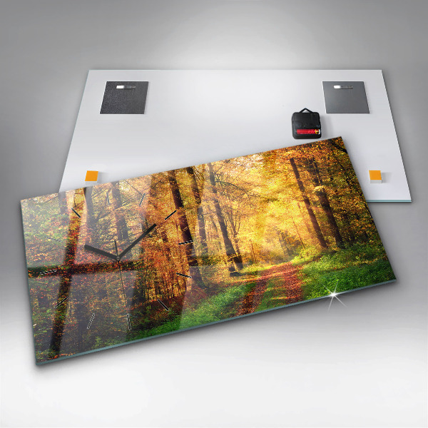 Horizontální skleněné hodiny na stěnu Podzimní lesní scenérie