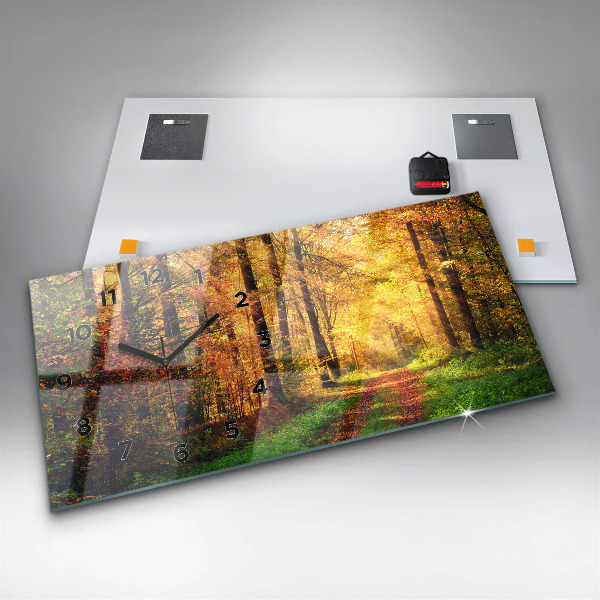 Horizontální skleněné hodiny na stěnu Podzimní lesní scenérie