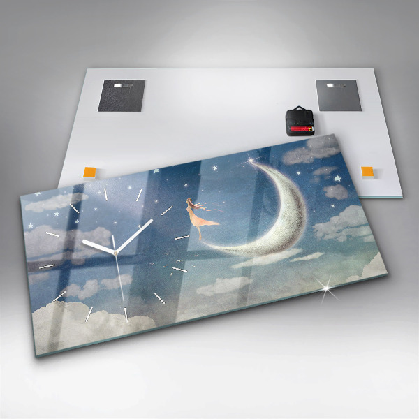 Horizontální skleněné hodiny na stěnu Dívka na Měsíci