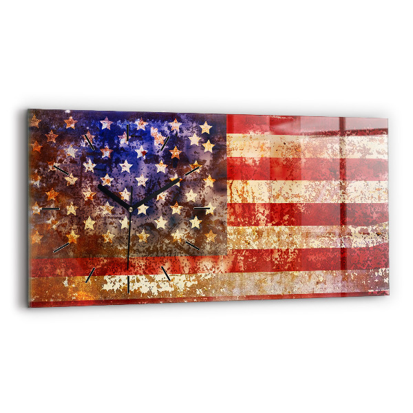 Horizontální skleněné hodiny na stěnu Vlajka USA ve vintage stylu