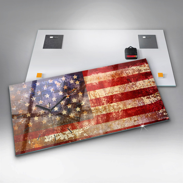 Horizontální skleněné hodiny na stěnu Vlajka USA ve vintage stylu