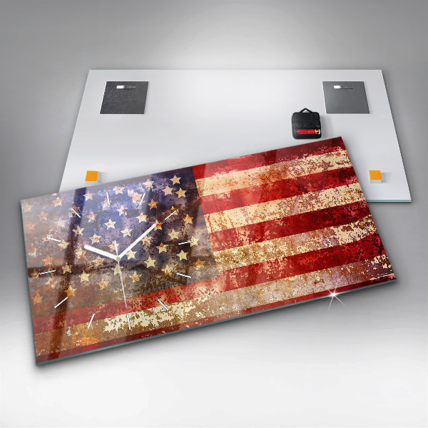 Horizontální skleněné hodiny na stěnu Vlajka USA ve vintage stylu