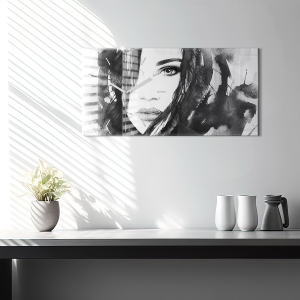 Horizontální skleněné hodiny na stěnu Portrét ženy akvarel