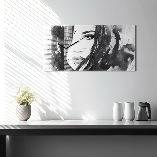 Horizontální skleněné hodiny na stěnu Portrét ženy akvarel