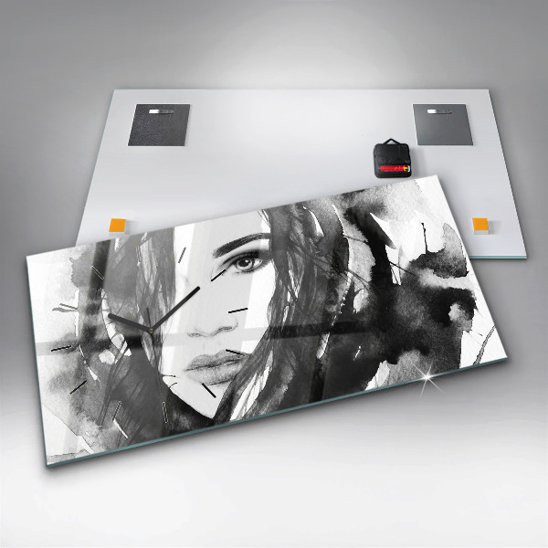 Horizontální skleněné hodiny na stěnu Portrét ženy akvarel