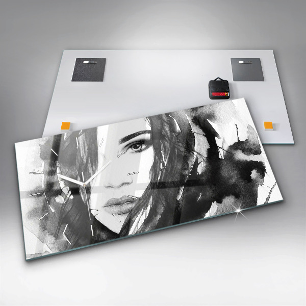 Horizontální skleněné hodiny na stěnu Portrét ženy akvarel