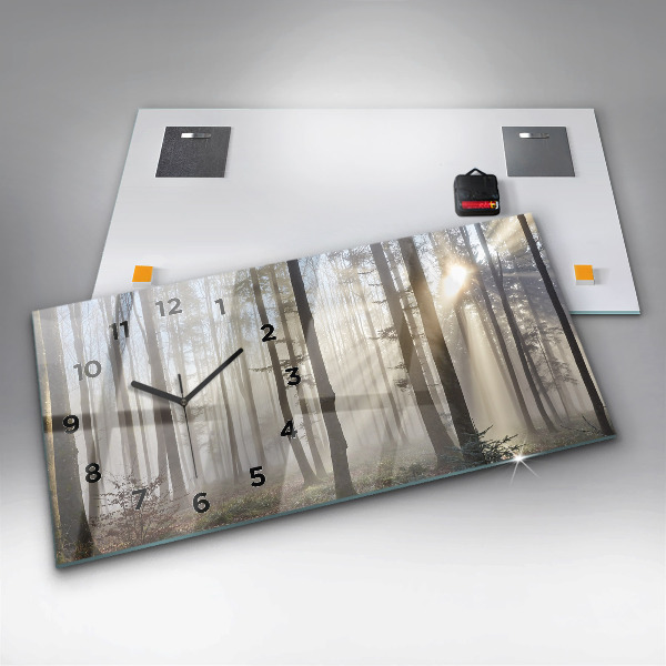Horizontální skleněné hodiny na stěnu Les v mlze