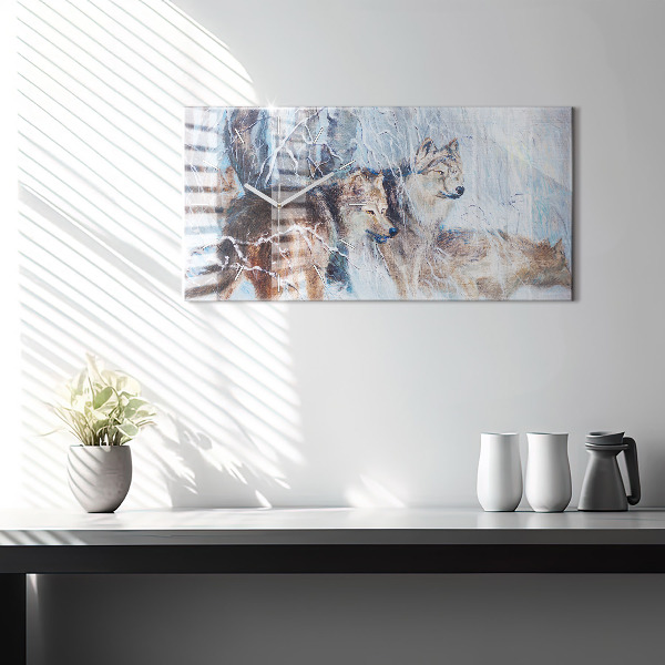 Horizontální skleněné hodiny na stěnu Vlci v lese