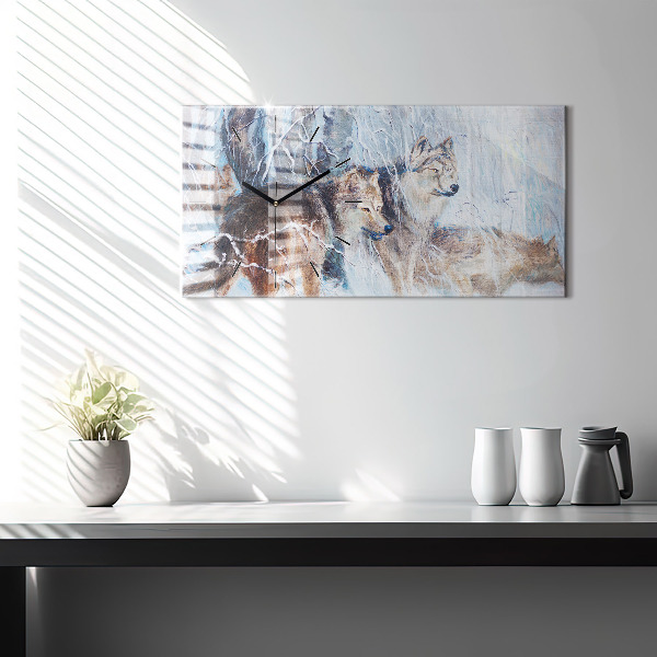 Horizontální skleněné hodiny na stěnu Vlci v lese