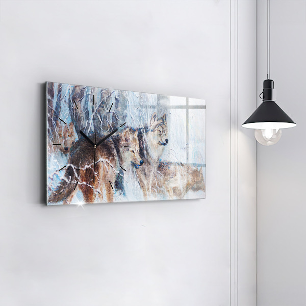 Horizontální skleněné hodiny na stěnu Vlci v lese