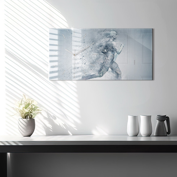 Horizontální skleněné hodiny na stěnu Běžící muž