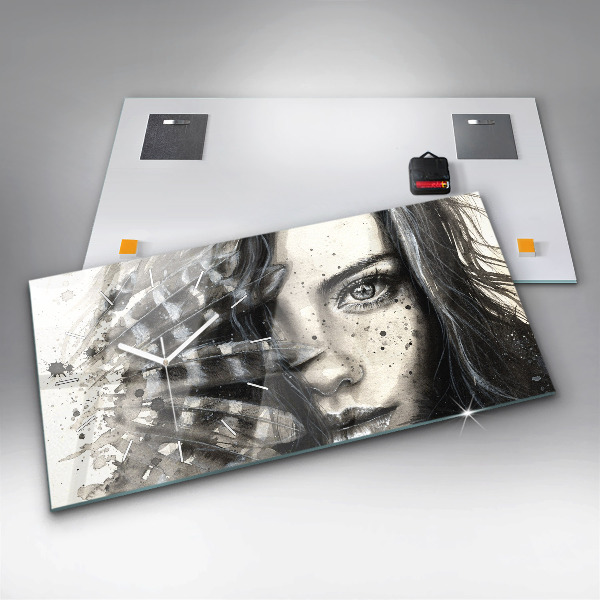 Horizontální skleněné hodiny na stěnu Malovaný portrét