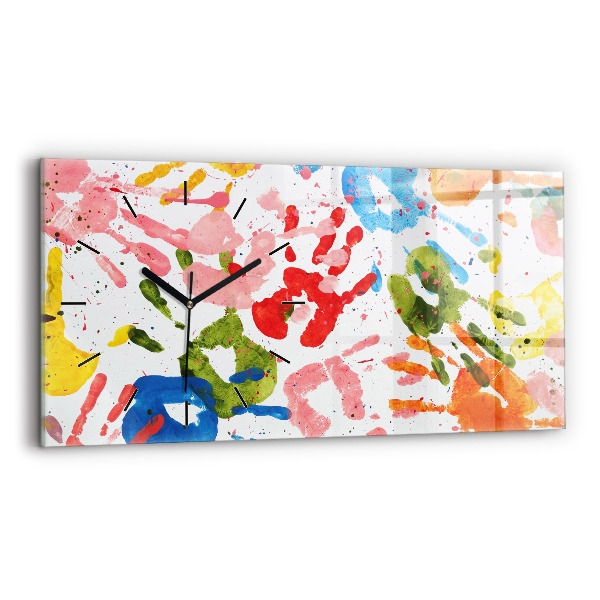 Horizontální skleněné hodiny na stěnu Otisky rukou dětí