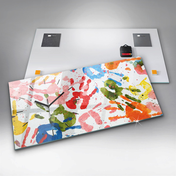 Horizontální skleněné hodiny na stěnu Otisky rukou dětí