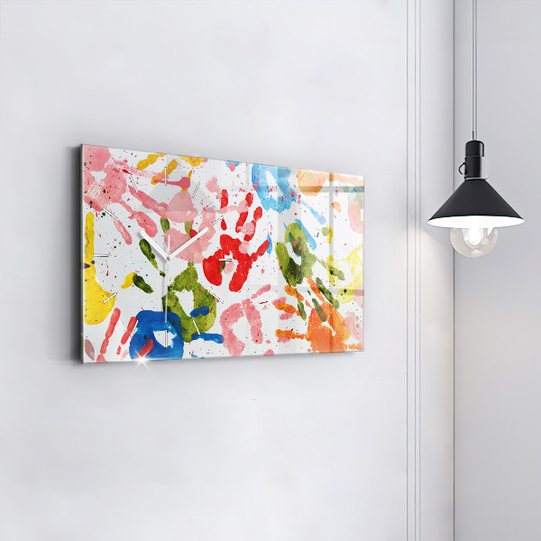 Horizontální skleněné hodiny na stěnu Otisky rukou dětí