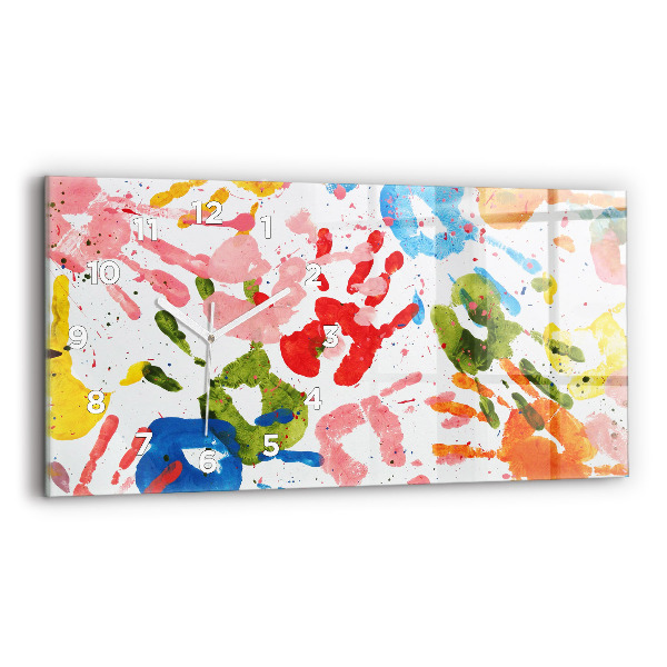 Horizontální skleněné hodiny na stěnu Otisky rukou dětí