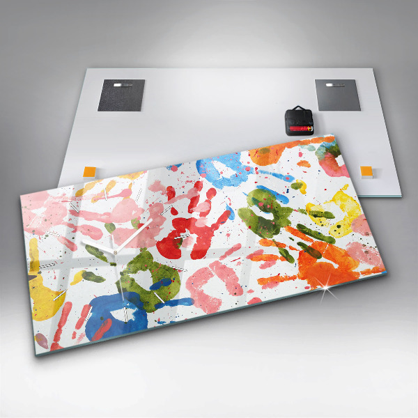 Horizontální skleněné hodiny na stěnu Otisky rukou dětí