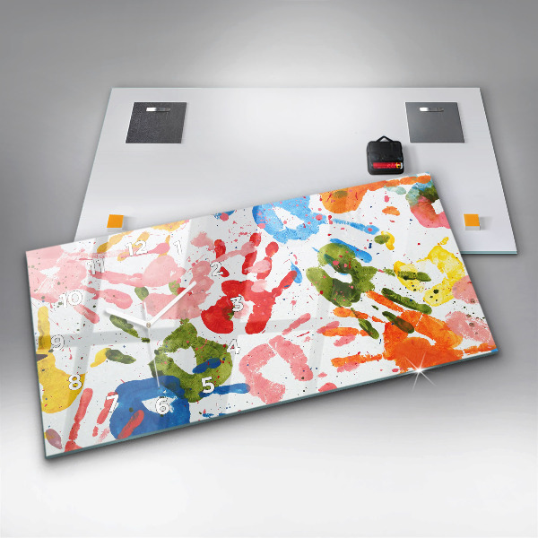 Horizontální skleněné hodiny na stěnu Otisky rukou dětí