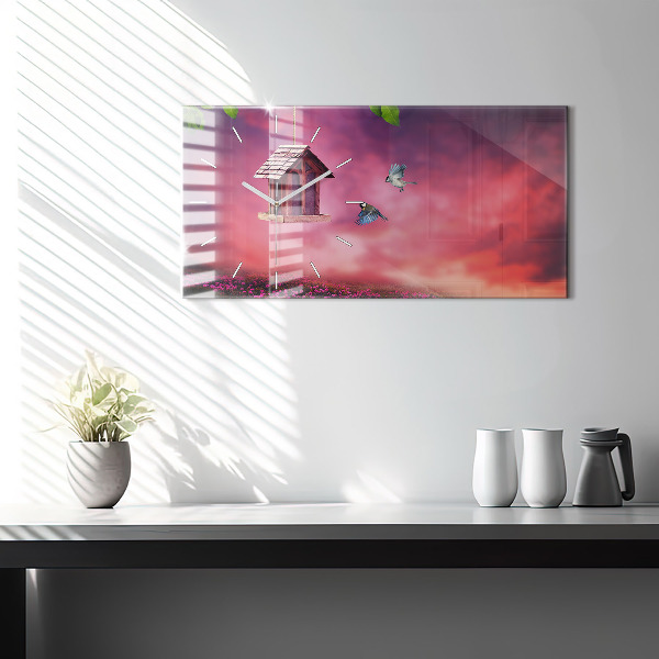 Horizontální skleněné hodiny na stěnu Ptačí budka