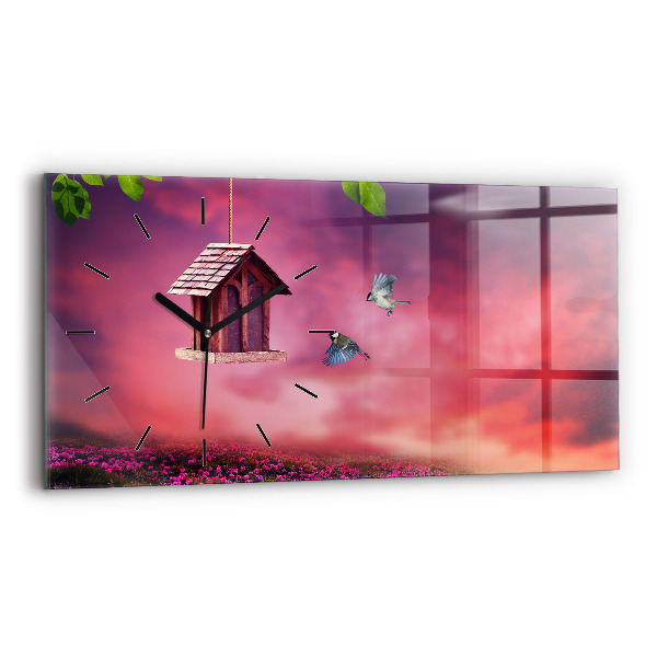 Horizontální skleněné hodiny na stěnu Ptačí budka